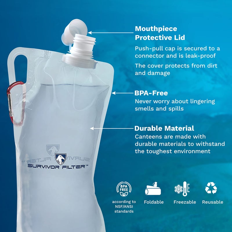 Survivor Filter زجاجات مياه قابلة للطي سعة 1 لتر من سيرفايفر فلتر - للسفر، التنزه، قابلة للطي، خالية من BPA - 2 × 33 أونصة - Image 4